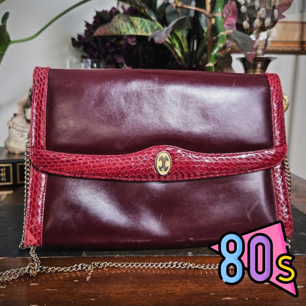 Snakeskin Purse Burgundy Red Leather Bag Vintage 80s Exotic Skin Chain Clutch